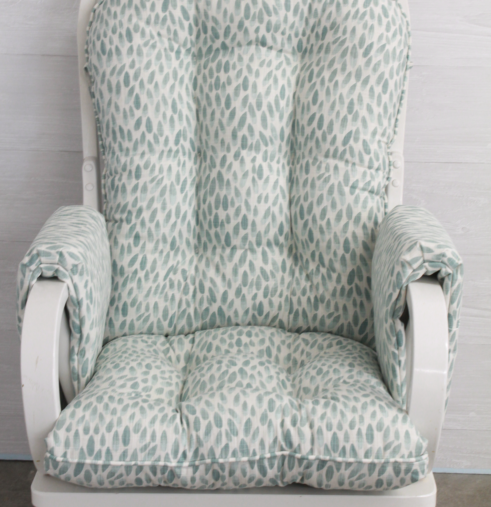 replacement cushions for glider rocker or rocking chair in blue green fabric with drops