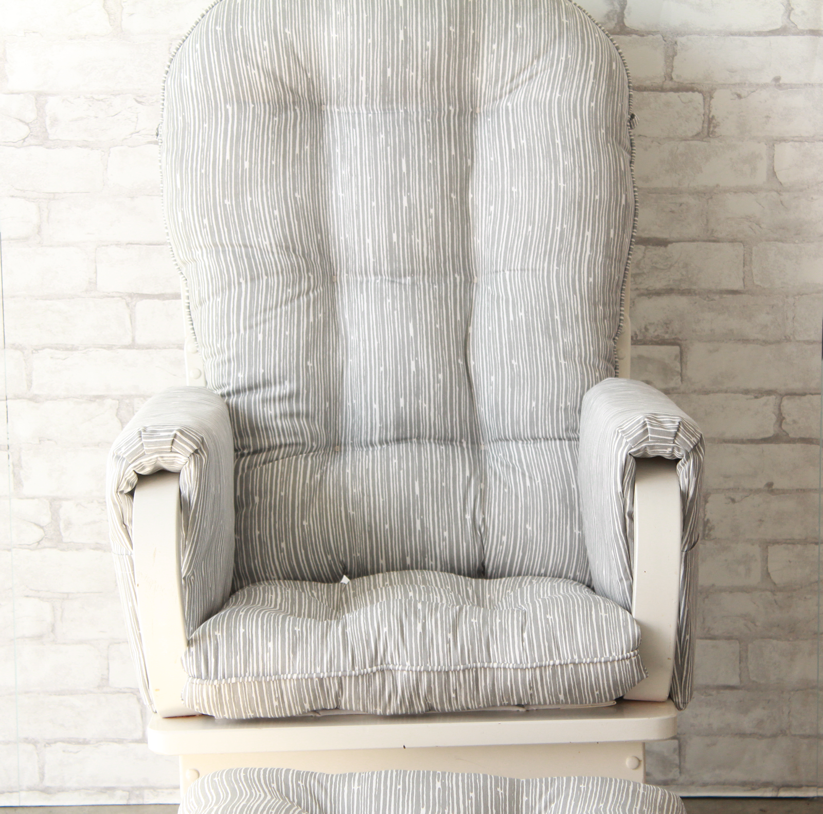 replacement cushions for glider rockers with arm rest covers and ottoman cushion in gray and white fabric