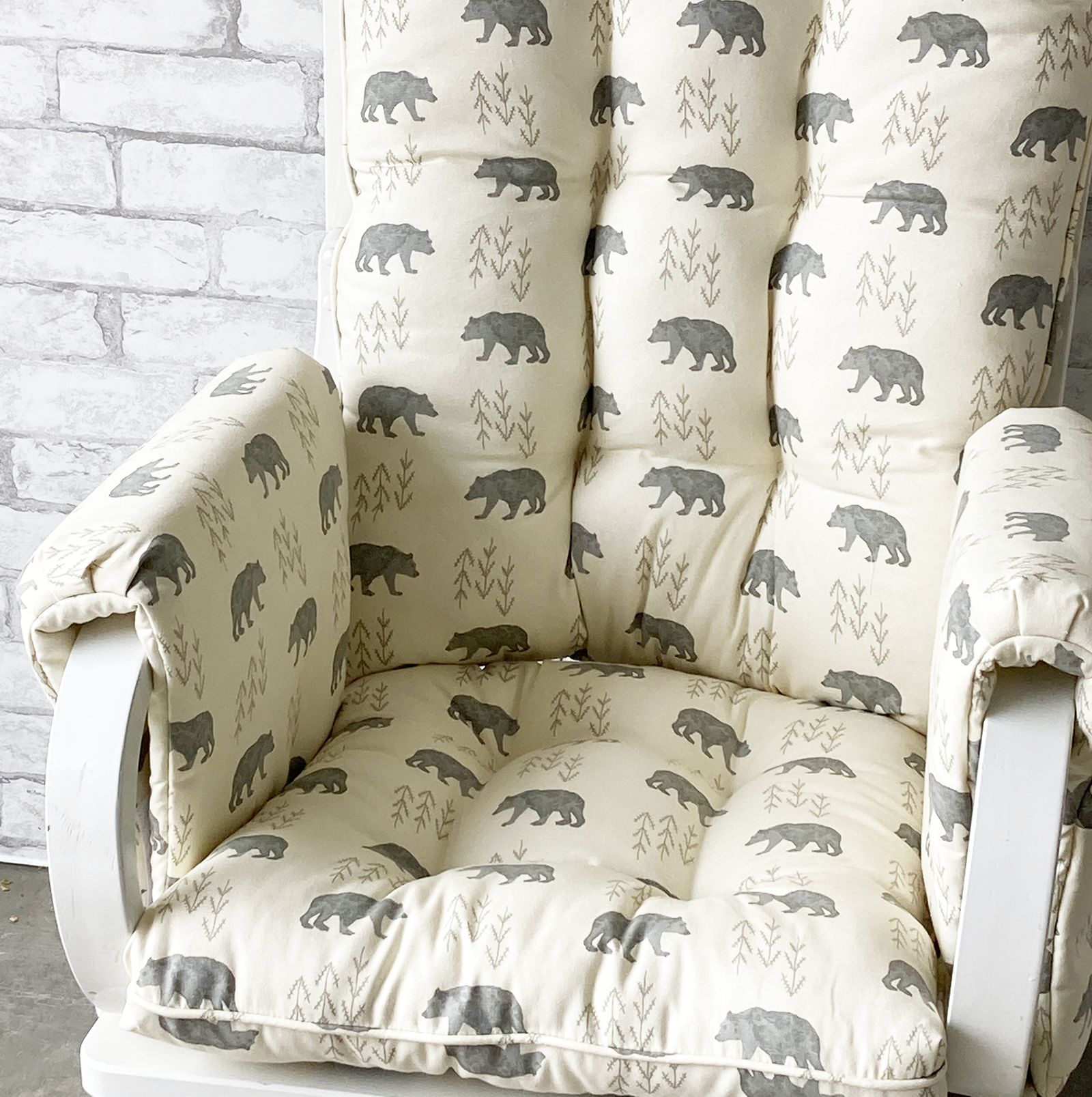 Rocking chair or glider rocker cushions with bear fabric