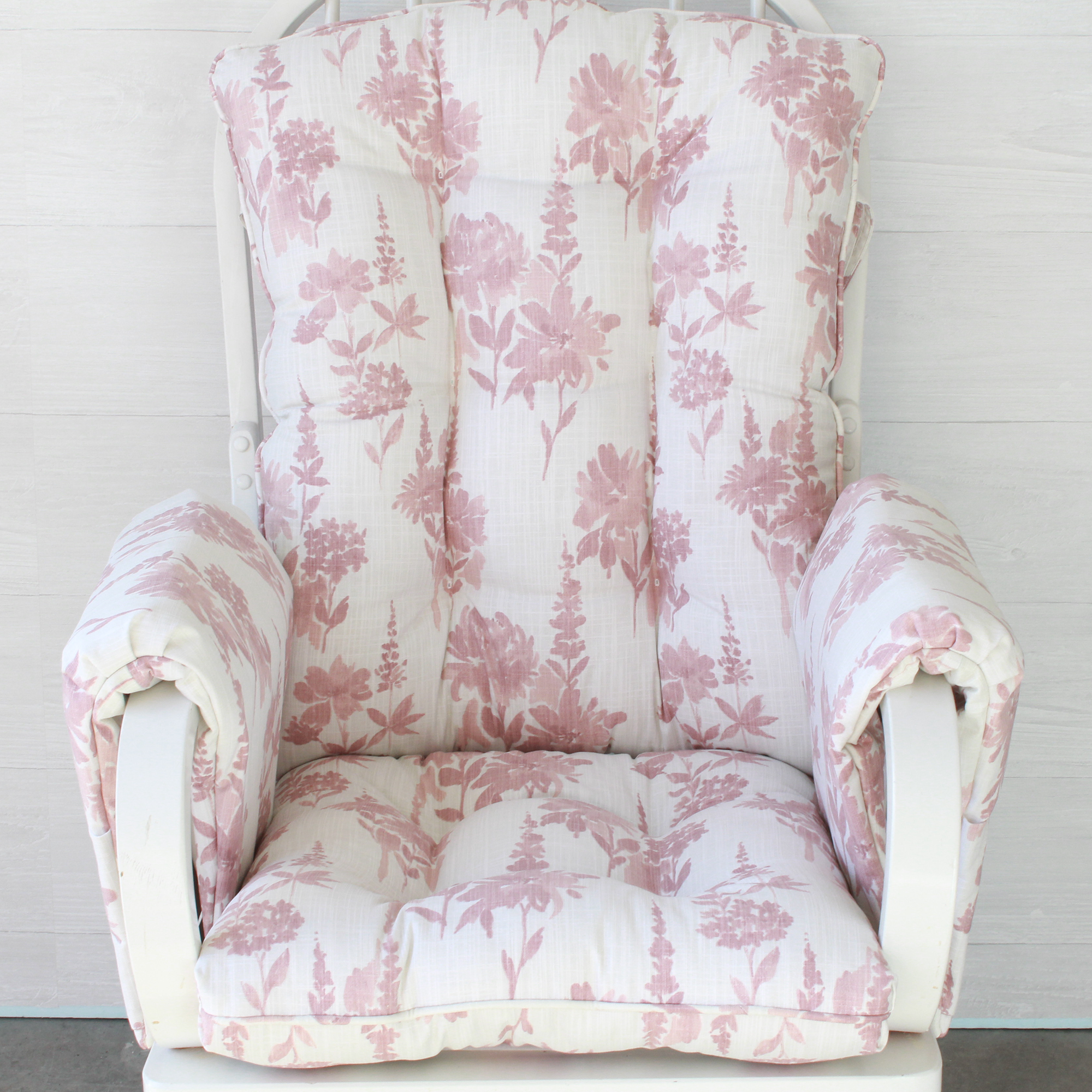 rocking chair cushions and arm rest covers in pink floral upholstery fabric