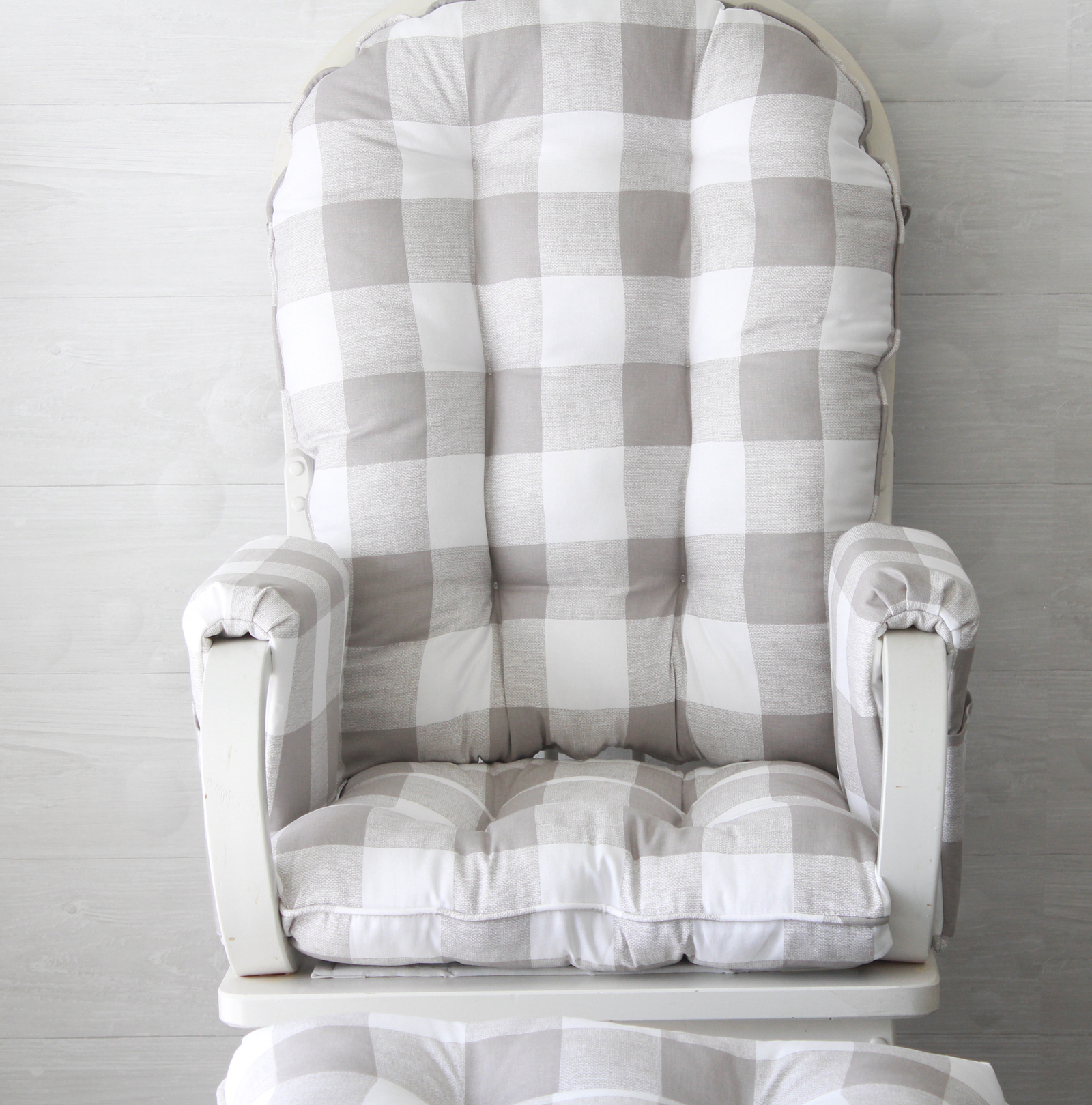 Round top glider replacement cushions plus arm rest covers and ottoman cushion in ecru and white buffalo plaid upholstery fabric