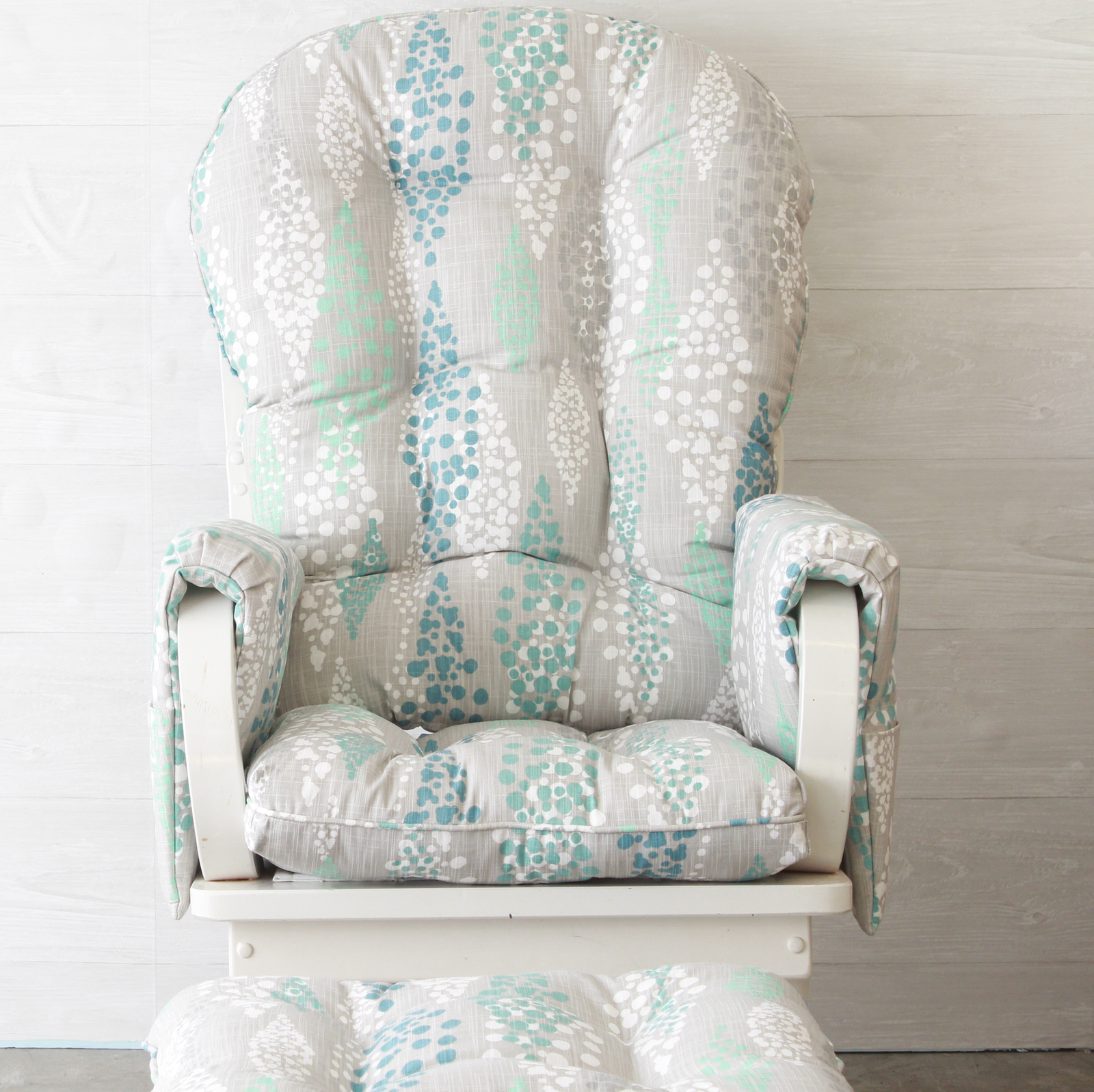 glider cushion covers with a round back, arm rest covers and ottoman cushion made in a custom size