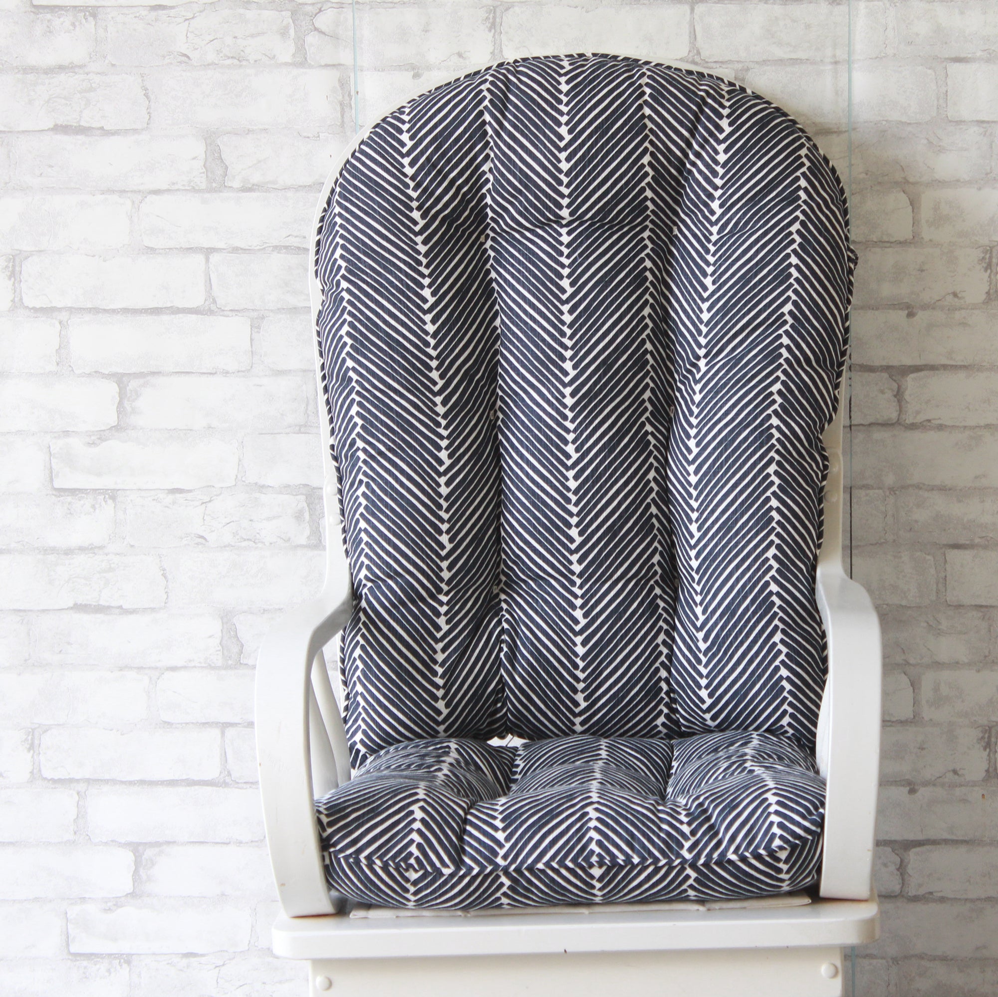 vintage glider rocker replacement cushions in large navy herringbone fabric