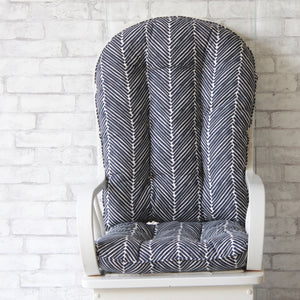 replacement cushions for a round top glider rocker or rocking chair with navy and white herringbone fabric