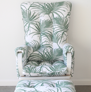 rocking chair or glider replacement cushions for a chair that is squared off at the top.  Added arm rest pads and ottoman cushion in palm green fabrics
