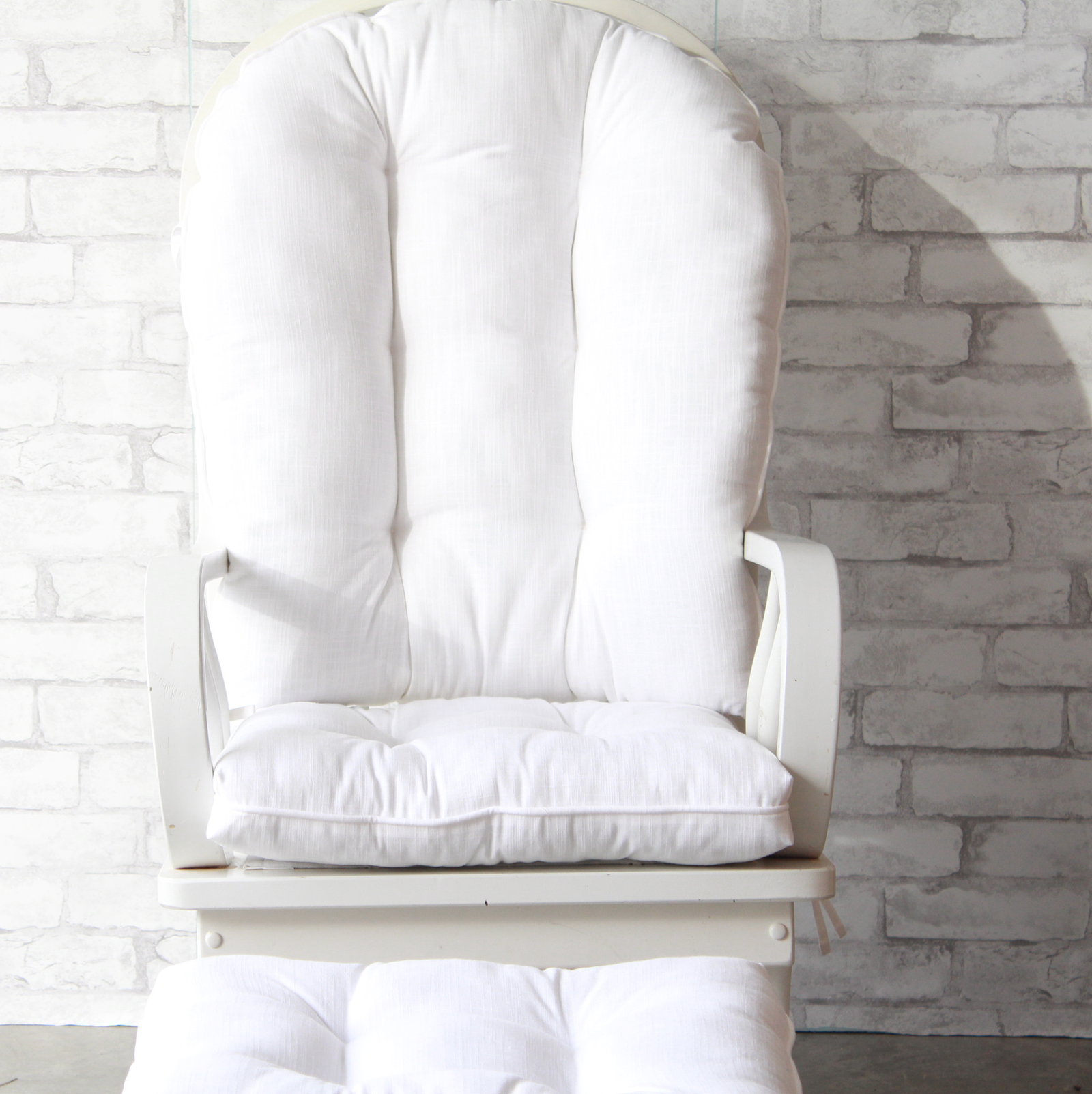 tufted glider rocker cushions in solid white with ottoman cushion