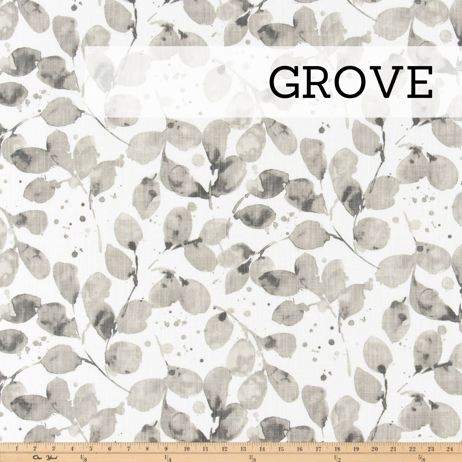 gray leaves on white background upholstery fabric for custom glider replacement cushions, rocker cushions and wingback rocker cushions