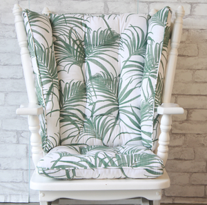 wingback glider rocker replacement cushions in white fabric with green palm branches